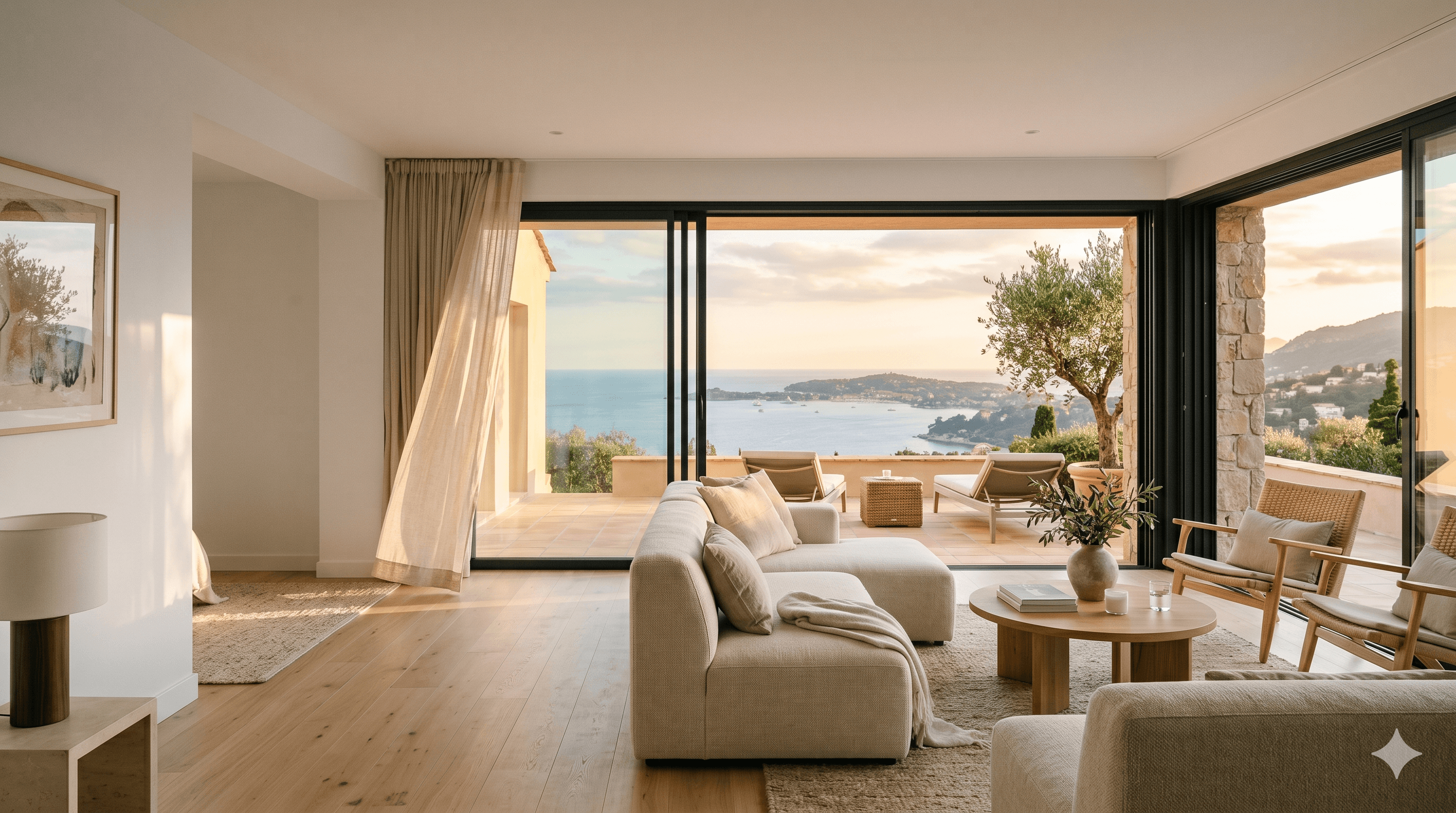 Salon avec baie vitrée coulissante ouverte sur une vue mer, Côte d'Azur